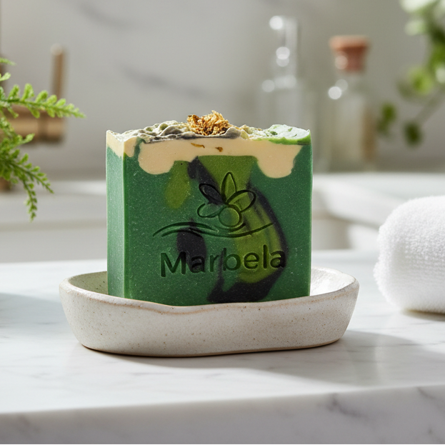 A green and yellow bar soap with dried botanicals on top sits in a small ceramic dish on a marble bathroom counter, with a folded white towel, plants, and a window in the background.