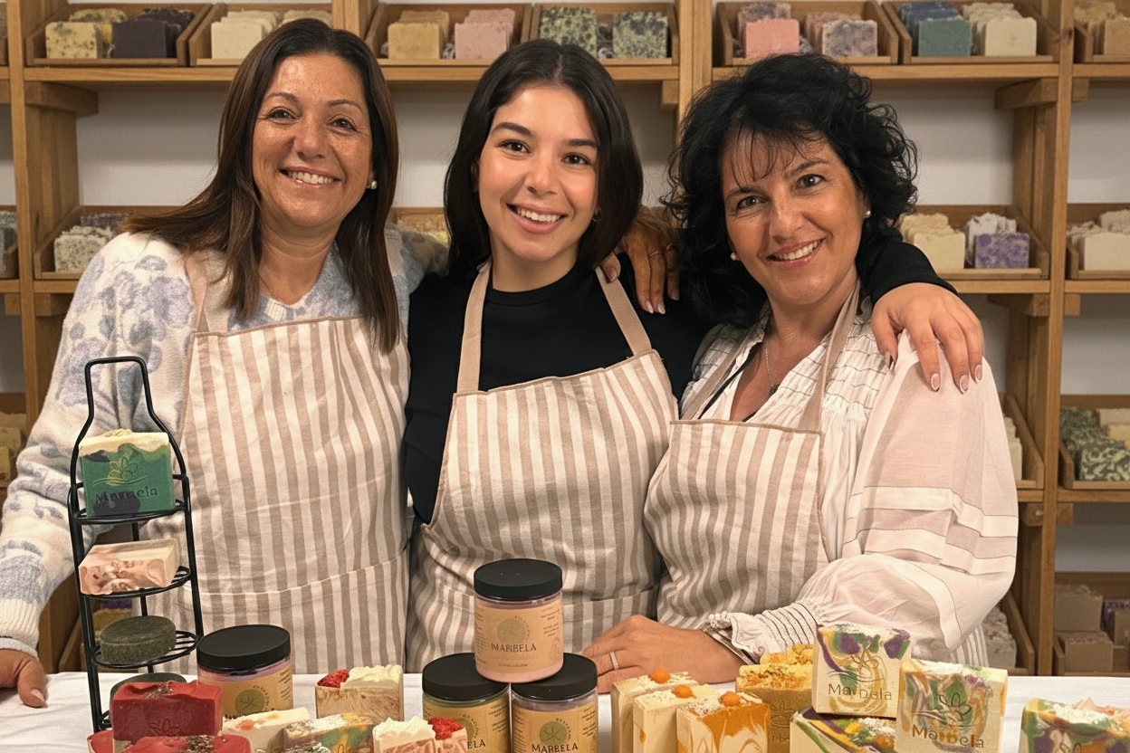 Three women in aprons standing behind a display of jars and products in a store setting.
