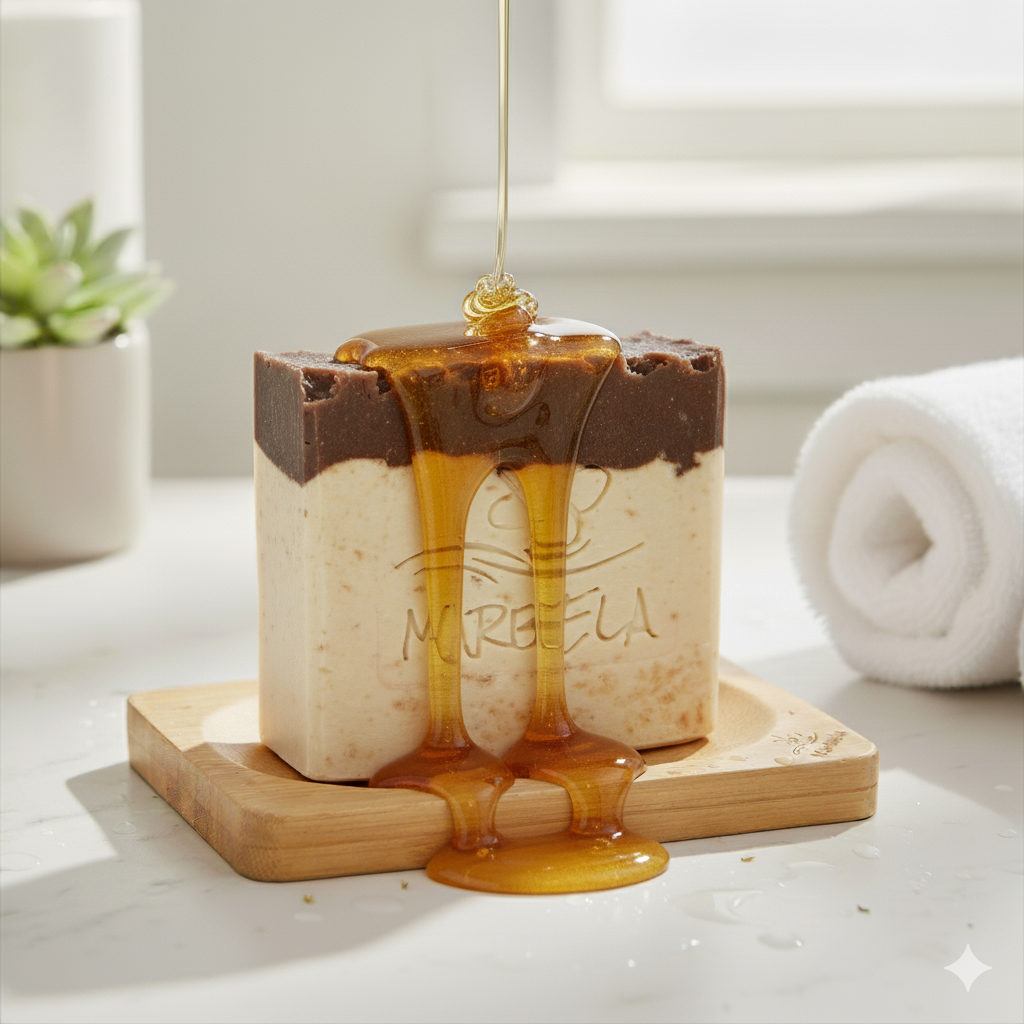 Bar of soap with honey drizzling over it on a wooden stand, with a blurred background.