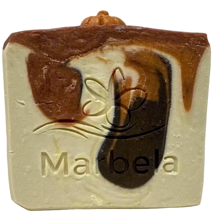 Marbled soap bar with 'Marbela' branding on a white background